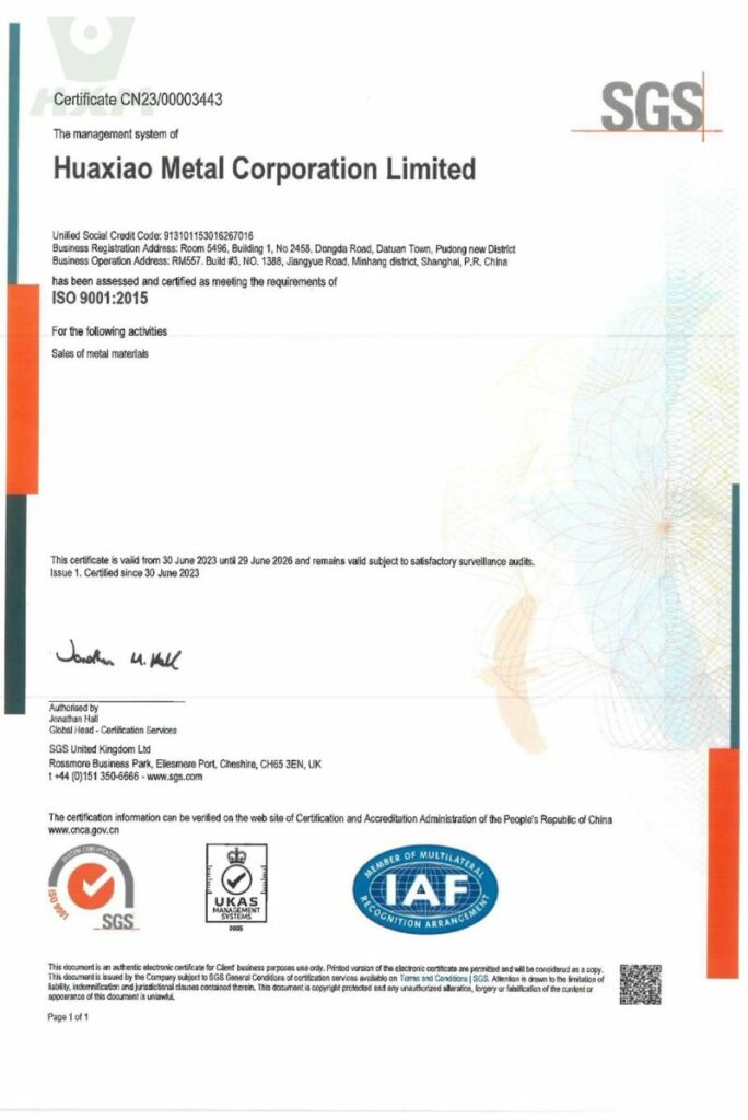 Certificat SGS des fabricants d'acier inoxydable Huaxiao